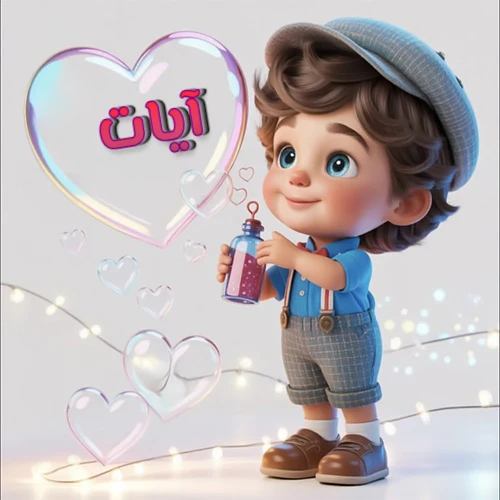 صورة طفل كرتوني لطيف بملابس أنيقة وقبعة، يبتسم وهو يحمل زجاجة فقاعات، يحيط به قلوب متلألئة. يظهر اسم آيات بخط مميز داخل فقاعة قلب كبيرة مضيئة، مع خلفية ناعمة مزينة بأضواء خافتة. تصميم رائع لصور آيات الشخصية وخلفيات أجهزة الجوال.