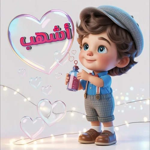صورة طفل كرتوني لطيف بملابس أنيقة وقبعة، يبتسم وهو يحمل زجاجة فقاعات، يحيط به قلوب متلألئة. يظهر اسم أشهب بخط مميز داخل فقاعة قلب كبيرة مضيئة، مع خلفية ناعمة مزينة بأضواء خافتة. تصميم رائع لصور أشهب الشخصية وخلفيات أجهزة الجوال.