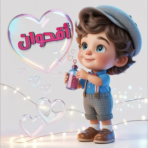 صورة طفل كرتوني لطيف بملابس أنيقة وقبعة، يبتسم وهو يحمل زجاجة فقاعات، يحيط به قلوب متلألئة. يظهر اسم أقحوان بخط مميز داخل فقاعة قلب كبيرة مضيئة، مع خلفية ناعمة مزينة بأضواء خافتة. تصميم رائع لصور أقحوان الشخصية وخلفيات أجهزة الجوال.
