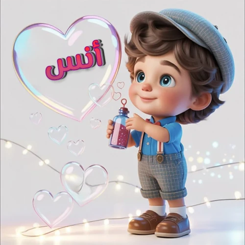 صورة طفل كرتوني لطيف بملابس أنيقة وقبعة، يبتسم وهو يحمل زجاجة فقاعات، يحيط به قلوب متلألئة. يظهر اسم أنس بخط مميز داخل فقاعة قلب كبيرة مضيئة، مع خلفية ناعمة مزينة بأضواء خافتة. تصميم رائع لصور أنس الشخصية وخلفيات أجهزة الجوال.