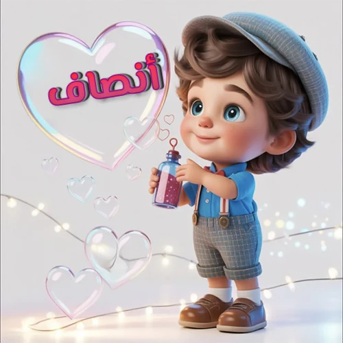 صورة طفل كرتوني لطيف بملابس أنيقة وقبعة، يبتسم وهو يحمل زجاجة فقاعات، يحيط به قلوب متلألئة. يظهر اسم أنصاف بخط مميز داخل فقاعة قلب كبيرة مضيئة، مع خلفية ناعمة مزينة بأضواء خافتة. تصميم رائع لصور أنصاف الشخصية وخلفيات أجهزة الجوال.