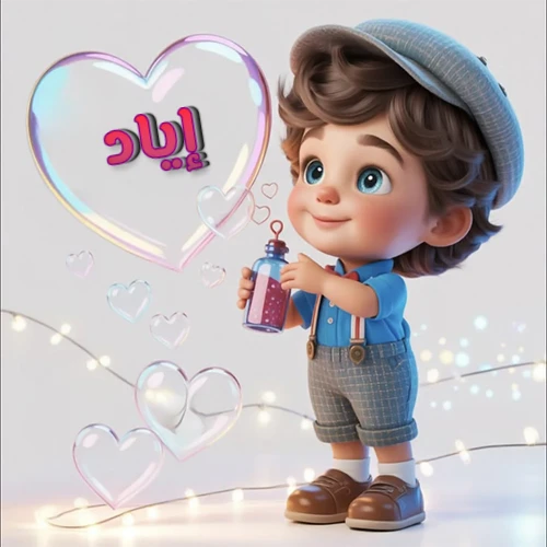 صورة طفل كرتوني لطيف بملابس أنيقة وقبعة، يبتسم وهو يحمل زجاجة فقاعات، يحيط به قلوب متلألئة. يظهر اسم إياد بخط مميز داخل فقاعة قلب كبيرة مضيئة، مع خلفية ناعمة مزينة بأضواء خافتة. تصميم رائع لصور إياد الشخصية وخلفيات أجهزة الجوال.