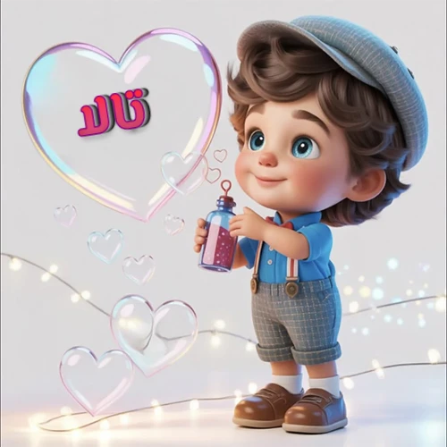 صورة طفل كرتوني لطيف بملابس أنيقة وقبعة، يبتسم وهو يحمل زجاجة فقاعات، يحيط به قلوب متلألئة. يظهر اسم تالا بخط مميز داخل فقاعة قلب كبيرة مضيئة، مع خلفية ناعمة مزينة بأضواء خافتة. تصميم رائع لصور تالا الشخصية وخلفيات أجهزة الجوال.