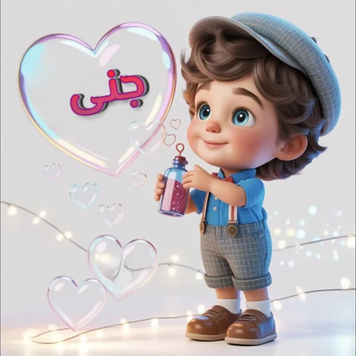 صورة طفل كرتوني لطيف بملابس أنيقة وقبعة، يبتسم وهو يحمل زجاجة فقاعات، يحيط به قلوب متلألئة. يظهر اسم جنى بخط مميز داخل فقاعة قلب كبيرة مضيئة، مع خلفية ناعمة مزينة بأضواء خافتة. تصميم رائع لصور جنى الشخصية وخلفيات أجهزة الجوال.