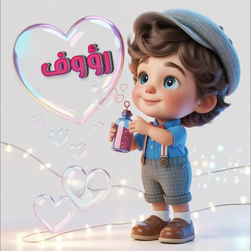 صورة طفل كرتوني لطيف بملابس أنيقة وقبعة، يبتسم وهو يحمل زجاجة فقاعات، يحيط به قلوب متلألئة. يظهر اسم رؤوف بخط مميز داخل فقاعة قلب كبيرة مضيئة، مع خلفية ناعمة مزينة بأضواء خافتة. تصميم رائع لصور رؤوف الشخصية وخلفيات أجهزة الجوال.