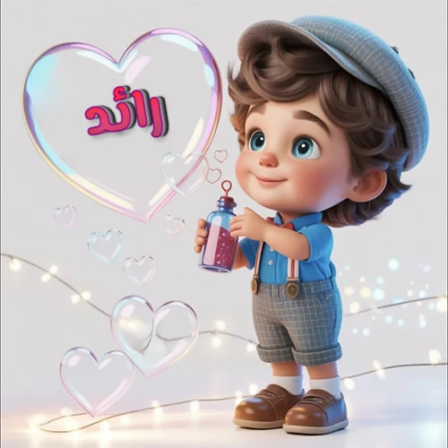 صورة طفل كرتوني لطيف بملابس أنيقة وقبعة، يبتسم وهو يحمل زجاجة فقاعات، يحيط به قلوب متلألئة. يظهر اسم رائد بخط مميز داخل فقاعة قلب كبيرة مضيئة، مع خلفية ناعمة مزينة بأضواء خافتة. تصميم رائع لصور رائد الشخصية وخلفيات أجهزة الجوال.