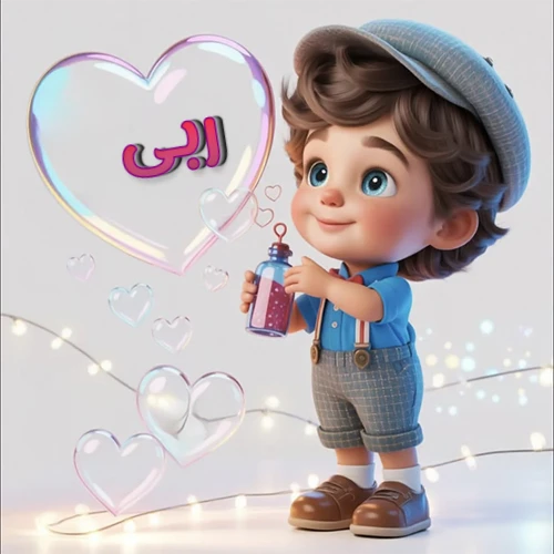 صورة طفل كرتوني لطيف بملابس أنيقة وقبعة، يبتسم وهو يحمل زجاجة فقاعات، يحيط به قلوب متلألئة. يظهر اسم ربى بخط مميز داخل فقاعة قلب كبيرة مضيئة، مع خلفية ناعمة مزينة بأضواء خافتة. تصميم رائع لصور ربى الشخصية وخلفيات أجهزة الجوال.