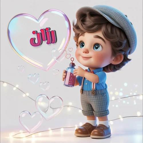 صورة طفل كرتوني لطيف بملابس أنيقة وقبعة، يبتسم وهو يحمل زجاجة فقاعات، يحيط به قلوب متلألئة. يظهر اسم رزان بخط مميز داخل فقاعة قلب كبيرة مضيئة، مع خلفية ناعمة مزينة بأضواء خافتة. تصميم رائع لصور رزان الشخصية وخلفيات أجهزة الجوال.