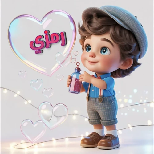 صورة طفل كرتوني لطيف بملابس أنيقة وقبعة، يبتسم وهو يحمل زجاجة فقاعات، يحيط به قلوب متلألئة. يظهر اسم رمزي بخط مميز داخل فقاعة قلب كبيرة مضيئة، مع خلفية ناعمة مزينة بأضواء خافتة. تصميم رائع لصور رمزي الشخصية وخلفيات أجهزة الجوال.