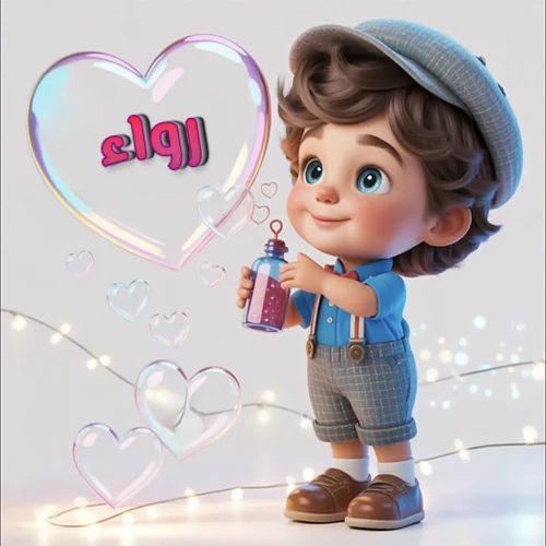 صورة طفل كرتوني لطيف بملابس أنيقة وقبعة، يبتسم وهو يحمل زجاجة فقاعات، يحيط به قلوب متلألئة. يظهر اسم رواء بخط مميز داخل فقاعة قلب كبيرة مضيئة، مع خلفية ناعمة مزينة بأضواء خافتة. تصميم رائع لصور رواء الشخصية وخلفيات أجهزة الجوال.