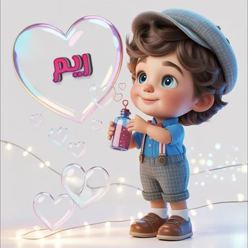 صورة طفل كرتوني لطيف بملابس أنيقة وقبعة، يبتسم وهو يحمل زجاجة فقاعات، يحيط به قلوب متلألئة. يظهر اسم ريم بخط مميز داخل فقاعة قلب كبيرة مضيئة، مع خلفية ناعمة مزينة بأضواء خافتة. تصميم رائع لصور ريم الشخصية وخلفيات أجهزة الجوال.