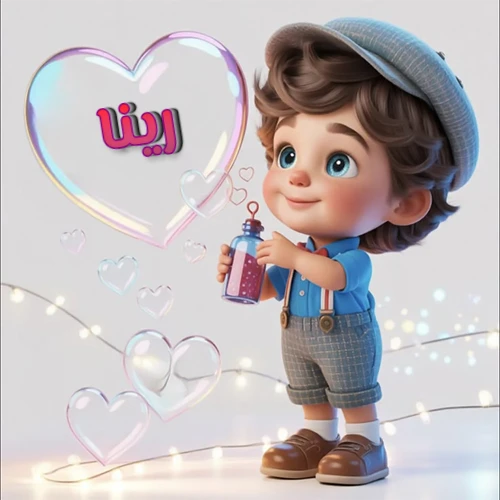 صورة طفل كرتوني لطيف بملابس أنيقة وقبعة، يبتسم وهو يحمل زجاجة فقاعات، يحيط به قلوب متلألئة. يظهر اسم رينا بخط مميز داخل فقاعة قلب كبيرة مضيئة، مع خلفية ناعمة مزينة بأضواء خافتة. تصميم رائع لصور رينا الشخصية وخلفيات أجهزة الجوال.