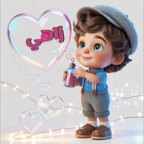 صورة طفل كرتوني لطيف بملابس أنيقة وقبعة، يبتسم وهو يحمل زجاجة فقاعات، يحيط به قلوب متلألئة. يظهر اسم زاهي بخط مميز داخل فقاعة قلب كبيرة مضيئة، مع خلفية ناعمة مزينة بأضواء خافتة. تصميم رائع لصور زاهي الشخصية وخلفيات أجهزة الجوال.