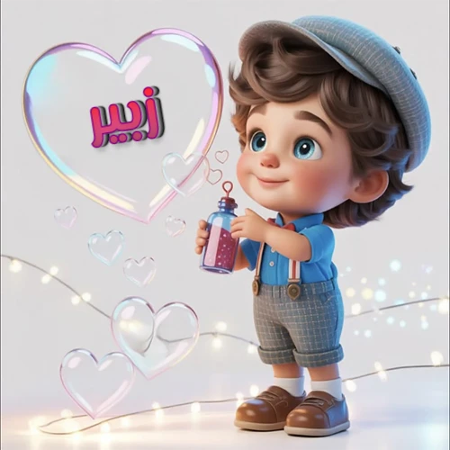 صورة طفل كرتوني لطيف بملابس أنيقة وقبعة، يبتسم وهو يحمل زجاجة فقاعات، يحيط به قلوب متلألئة. يظهر اسم زبير بخط مميز داخل فقاعة قلب كبيرة مضيئة، مع خلفية ناعمة مزينة بأضواء خافتة. تصميم رائع لصور زبير الشخصية وخلفيات أجهزة الجوال.