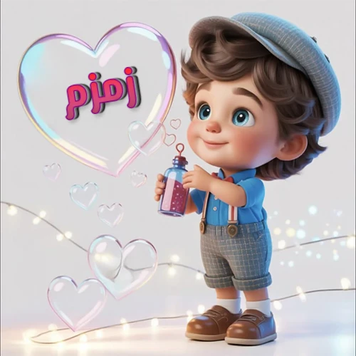 صورة طفل كرتوني لطيف بملابس أنيقة وقبعة، يبتسم وهو يحمل زجاجة فقاعات، يحيط به قلوب متلألئة. يظهر اسم زمزم بخط مميز داخل فقاعة قلب كبيرة مضيئة، مع خلفية ناعمة مزينة بأضواء خافتة. تصميم رائع لصور زمزم الشخصية وخلفيات أجهزة الجوال.