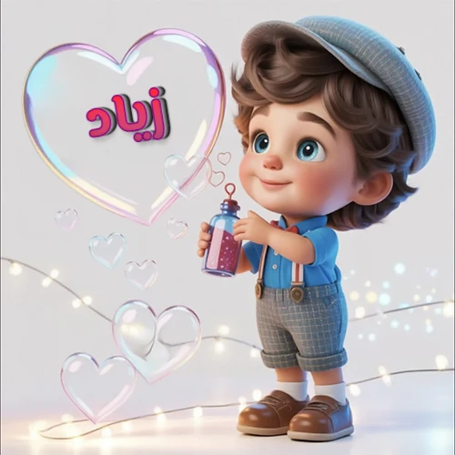 صورة طفل كرتوني لطيف بملابس أنيقة وقبعة، يبتسم وهو يحمل زجاجة فقاعات، يحيط به قلوب متلألئة. يظهر اسم زياد بخط مميز داخل فقاعة قلب كبيرة مضيئة، مع خلفية ناعمة مزينة بأضواء خافتة. تصميم رائع لصور زياد الشخصية وخلفيات أجهزة الجوال.