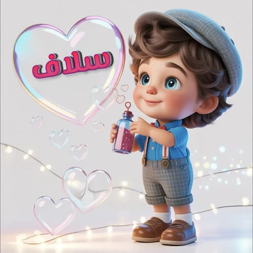 صورة طفل كرتوني لطيف بملابس أنيقة وقبعة، يبتسم وهو يحمل زجاجة فقاعات، يحيط به قلوب متلألئة. يظهر اسم سلاف بخط مميز داخل فقاعة قلب كبيرة مضيئة، مع خلفية ناعمة مزينة بأضواء خافتة. تصميم رائع لصور سلاف الشخصية وخلفيات أجهزة الجوال.