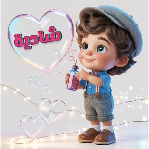 صورة طفل كرتوني لطيف بملابس أنيقة وقبعة، يبتسم وهو يحمل زجاجة فقاعات، يحيط به قلوب متلألئة. يظهر اسم شادية بخط مميز داخل فقاعة قلب كبيرة مضيئة، مع خلفية ناعمة مزينة بأضواء خافتة. تصميم رائع لصور شادية الشخصية وخلفيات أجهزة الجوال.