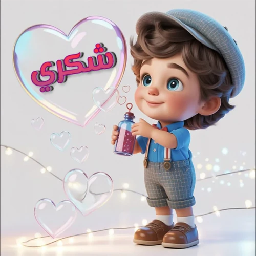 صورة طفل كرتوني لطيف بملابس أنيقة وقبعة، يبتسم وهو يحمل زجاجة فقاعات، يحيط به قلوب متلألئة. يظهر اسم شكري بخط مميز داخل فقاعة قلب كبيرة مضيئة، مع خلفية ناعمة مزينة بأضواء خافتة. تصميم رائع لصور شكري الشخصية وخلفيات أجهزة الجوال.
