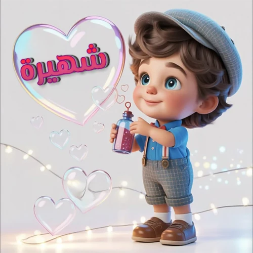 صورة طفل كرتوني لطيف بملابس أنيقة وقبعة، يبتسم وهو يحمل زجاجة فقاعات، يحيط به قلوب متلألئة. يظهر اسم شهيرة بخط مميز داخل فقاعة قلب كبيرة مضيئة، مع خلفية ناعمة مزينة بأضواء خافتة. تصميم رائع لصور شهيرة الشخصية وخلفيات أجهزة الجوال.
