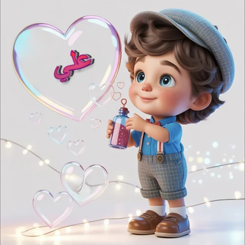 صورة طفل كرتوني لطيف بملابس أنيقة وقبعة، يبتسم وهو يحمل زجاجة فقاعات، يحيط به قلوب متلألئة. يظهر اسم علي بخط مميز داخل فقاعة قلب كبيرة مضيئة، مع خلفية ناعمة مزينة بأضواء خافتة. تصميم رائع لصور علي الشخصية وخلفيات أجهزة الجوال.