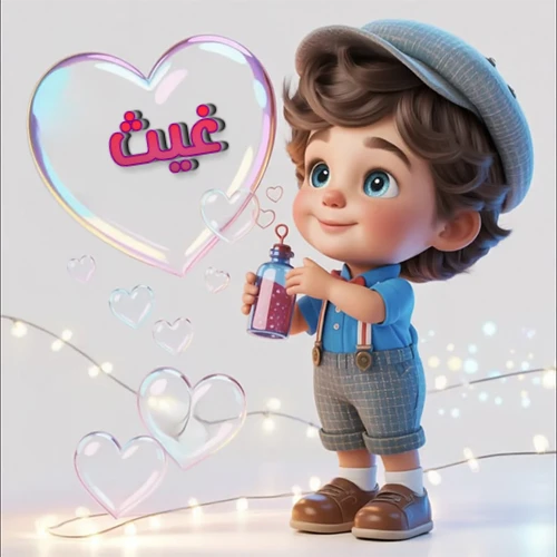 صورة طفل كرتوني لطيف بملابس أنيقة وقبعة، يبتسم وهو يحمل زجاجة فقاعات، يحيط به قلوب متلألئة. يظهر اسم غيث بخط مميز داخل فقاعة قلب كبيرة مضيئة، مع خلفية ناعمة مزينة بأضواء خافتة. تصميم رائع لصور غيث الشخصية وخلفيات أجهزة الجوال.