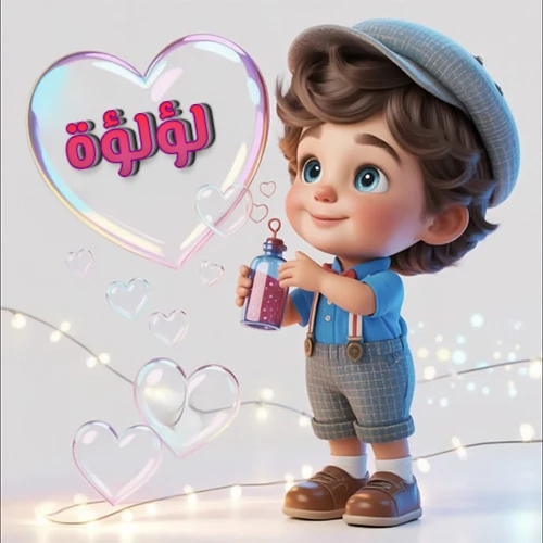 صورة طفل كرتوني لطيف بملابس أنيقة وقبعة، يبتسم وهو يحمل زجاجة فقاعات، يحيط به قلوب متلألئة. يظهر اسم لؤلؤة بخط مميز داخل فقاعة قلب كبيرة مضيئة، مع خلفية ناعمة مزينة بأضواء خافتة. تصميم رائع لصور لؤلؤة الشخصية وخلفيات أجهزة الجوال.