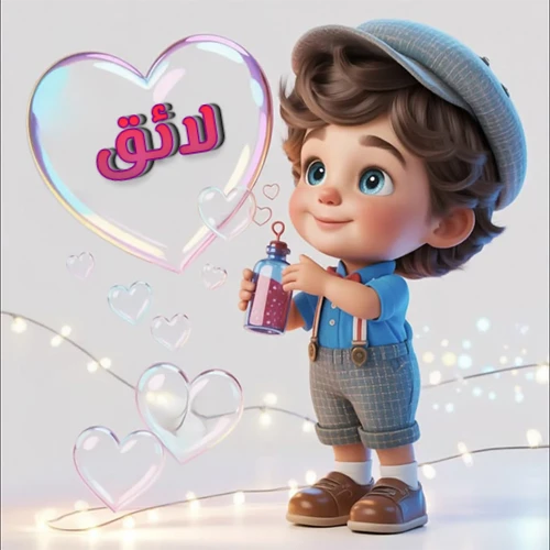 صورة طفل كرتوني لطيف بملابس أنيقة وقبعة، يبتسم وهو يحمل زجاجة فقاعات، يحيط به قلوب متلألئة. يظهر اسم لائق بخط مميز داخل فقاعة قلب كبيرة مضيئة، مع خلفية ناعمة مزينة بأضواء خافتة. تصميم رائع لصور لائق الشخصية وخلفيات أجهزة الجوال.