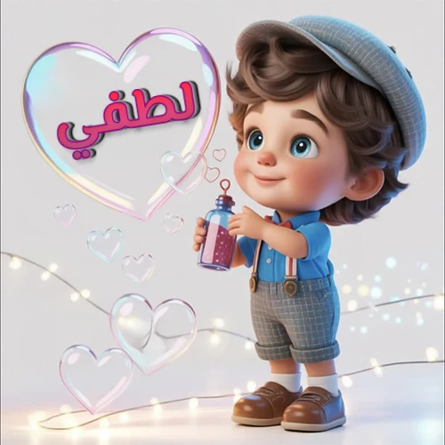 صورة طفل كرتوني لطيف بملابس أنيقة وقبعة، يبتسم وهو يحمل زجاجة فقاعات، يحيط به قلوب متلألئة. يظهر اسم لطفي بخط مميز داخل فقاعة قلب كبيرة مضيئة، مع خلفية ناعمة مزينة بأضواء خافتة. تصميم رائع لصور لطفي الشخصية وخلفيات أجهزة الجوال.