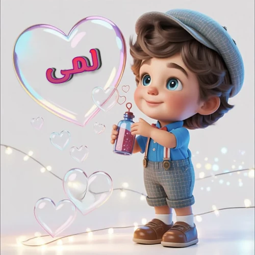 صورة طفل كرتوني لطيف بملابس أنيقة وقبعة، يبتسم وهو يحمل زجاجة فقاعات، يحيط به قلوب متلألئة. يظهر اسم لمى بخط مميز داخل فقاعة قلب كبيرة مضيئة، مع خلفية ناعمة مزينة بأضواء خافتة. تصميم رائع لصور لمى الشخصية وخلفيات أجهزة الجوال.
