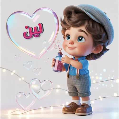 صورة طفل كرتوني لطيف بملابس أنيقة وقبعة، يبتسم وهو يحمل زجاجة فقاعات، يحيط به قلوب متلألئة. يظهر اسم لين بخط مميز داخل فقاعة قلب كبيرة مضيئة، مع خلفية ناعمة مزينة بأضواء خافتة. تصميم رائع لصور لين الشخصية وخلفيات أجهزة الجوال.