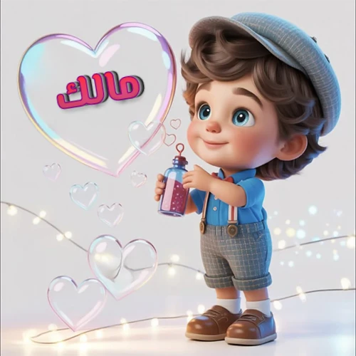 صورة طفل كرتوني لطيف بملابس أنيقة وقبعة، يبتسم وهو يحمل زجاجة فقاعات، يحيط به قلوب متلألئة. يظهر اسم مالك بخط مميز داخل فقاعة قلب كبيرة مضيئة، مع خلفية ناعمة مزينة بأضواء خافتة. تصميم رائع لصور مالك الشخصية وخلفيات أجهزة الجوال.