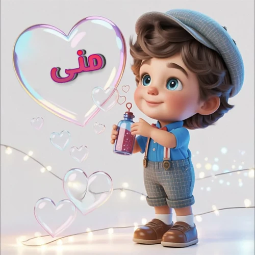 صورة طفل كرتوني لطيف بملابس أنيقة وقبعة، يبتسم وهو يحمل زجاجة فقاعات، يحيط به قلوب متلألئة. يظهر اسم منى بخط مميز داخل فقاعة قلب كبيرة مضيئة، مع خلفية ناعمة مزينة بأضواء خافتة. تصميم رائع لصور منى الشخصية وخلفيات أجهزة الجوال.