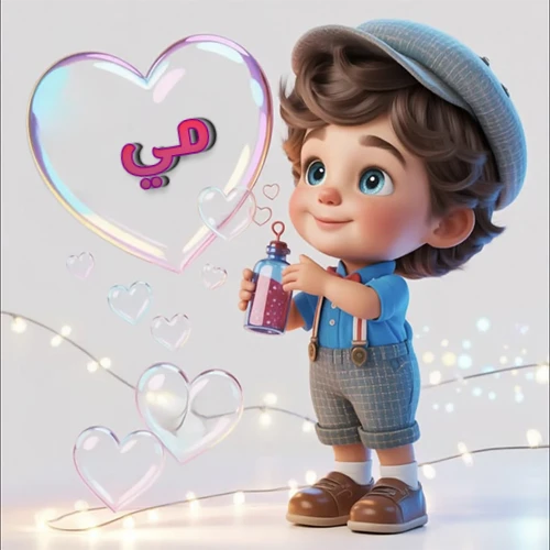 صورة طفل كرتوني لطيف بملابس أنيقة وقبعة، يبتسم وهو يحمل زجاجة فقاعات، يحيط به قلوب متلألئة. يظهر اسم مي بخط مميز داخل فقاعة قلب كبيرة مضيئة، مع خلفية ناعمة مزينة بأضواء خافتة. تصميم رائع لصور مي الشخصية وخلفيات أجهزة الجوال.