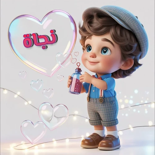صورة طفل كرتوني لطيف بملابس أنيقة وقبعة، يبتسم وهو يحمل زجاجة فقاعات، يحيط به قلوب متلألئة. يظهر اسم نجاة بخط مميز داخل فقاعة قلب كبيرة مضيئة، مع خلفية ناعمة مزينة بأضواء خافتة. تصميم رائع لصور نجاة الشخصية وخلفيات أجهزة الجوال.