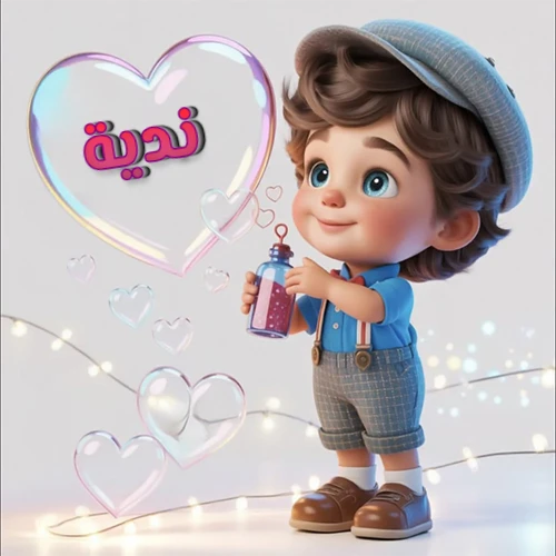 صورة طفل كرتوني لطيف بملابس أنيقة وقبعة، يبتسم وهو يحمل زجاجة فقاعات، يحيط به قلوب متلألئة. يظهر اسم ندية بخط مميز داخل فقاعة قلب كبيرة مضيئة، مع خلفية ناعمة مزينة بأضواء خافتة. تصميم رائع لصور ندية الشخصية وخلفيات أجهزة الجوال.