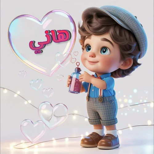 صورة طفل كرتوني لطيف بملابس أنيقة وقبعة، يبتسم وهو يحمل زجاجة فقاعات، يحيط به قلوب متلألئة. يظهر اسم هاني بخط مميز داخل فقاعة قلب كبيرة مضيئة، مع خلفية ناعمة مزينة بأضواء خافتة. تصميم رائع لصور هاني الشخصية وخلفيات أجهزة الجوال.