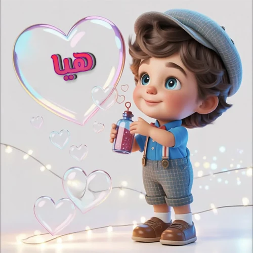 صورة طفل كرتوني لطيف بملابس أنيقة وقبعة، يبتسم وهو يحمل زجاجة فقاعات، يحيط به قلوب متلألئة. يظهر اسم هيا بخط مميز داخل فقاعة قلب كبيرة مضيئة، مع خلفية ناعمة مزينة بأضواء خافتة. تصميم رائع لصور هيا الشخصية وخلفيات أجهزة الجوال.