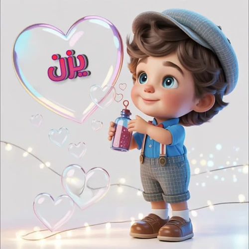 صورة طفل كرتوني لطيف بملابس أنيقة وقبعة، يبتسم وهو يحمل زجاجة فقاعات، يحيط به قلوب متلألئة. يظهر اسم يزن بخط مميز داخل فقاعة قلب كبيرة مضيئة، مع خلفية ناعمة مزينة بأضواء خافتة. تصميم رائع لصور يزن الشخصية وخلفيات أجهزة الجوال.