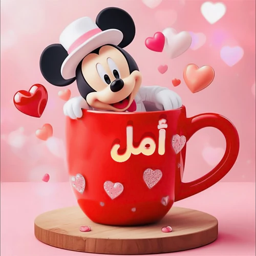 صورة كرتونية ثلاثية الأبعاد لميكي ماوس يخرج من كوب أحمر دافئ يحمل اسم أمل بخط جميل، محاط بقلوب حب وردية وحمراء زاهية. تصميم عالي الجودة لصور التهنئة، بطاقات المعايدة، أو كهدية رمزية معبرة عن الحب والسعادة.