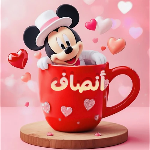 صورة كرتونية ثلاثية الأبعاد لميكي ماوس يخرج من كوب أحمر دافئ يحمل اسم أنصاف بخط جميل، محاط بقلوب حب وردية وحمراء زاهية. تصميم عالي الجودة لصور التهنئة، بطاقات المعايدة، أو كهدية رمزية معبرة عن الحب والسعادة.