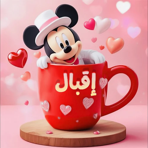 صورة كرتونية ثلاثية الأبعاد لميكي ماوس يخرج من كوب أحمر دافئ يحمل اسم إقبال بخط جميل، محاط بقلوب حب وردية وحمراء زاهية. تصميم عالي الجودة لصور التهنئة، بطاقات المعايدة، أو كهدية رمزية معبرة عن الحب والسعادة.