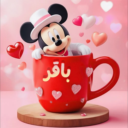 صورة كرتونية ثلاثية الأبعاد لميكي ماوس يخرج من كوب أحمر دافئ يحمل اسم باقر بخط جميل، محاط بقلوب حب وردية وحمراء زاهية. تصميم عالي الجودة لصور التهنئة، بطاقات المعايدة، أو كهدية رمزية معبرة عن الحب والسعادة.