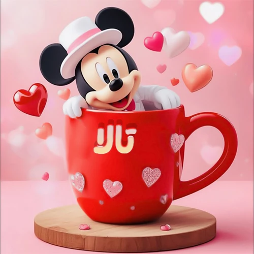 صورة كرتونية ثلاثية الأبعاد لميكي ماوس يخرج من كوب أحمر دافئ يحمل اسم تالا بخط جميل، محاط بقلوب حب وردية وحمراء زاهية. تصميم عالي الجودة لصور التهنئة، بطاقات المعايدة، أو كهدية رمزية معبرة عن الحب والسعادة.