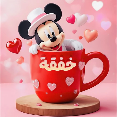 صورة كرتونية ثلاثية الأبعاد لميكي ماوس يخرج من كوب أحمر دافئ يحمل اسم خفقة بخط جميل، محاط بقلوب حب وردية وحمراء زاهية. تصميم عالي الجودة لصور التهنئة، بطاقات المعايدة، أو كهدية رمزية معبرة عن الحب والسعادة.