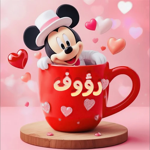صورة كرتونية ثلاثية الأبعاد لميكي ماوس يخرج من كوب أحمر دافئ يحمل اسم رؤوف بخط جميل، محاط بقلوب حب وردية وحمراء زاهية. تصميم عالي الجودة لصور التهنئة، بطاقات المعايدة، أو كهدية رمزية معبرة عن الحب والسعادة.