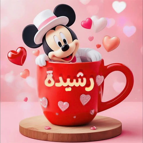 صورة كرتونية ثلاثية الأبعاد لميكي ماوس يخرج من كوب أحمر دافئ يحمل اسم رشيدة بخط جميل، محاط بقلوب حب وردية وحمراء زاهية. تصميم عالي الجودة لصور التهنئة، بطاقات المعايدة، أو كهدية رمزية معبرة عن الحب والسعادة.