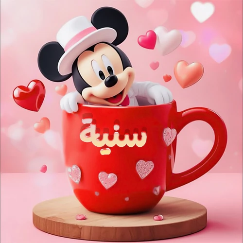 صورة كرتونية ثلاثية الأبعاد لميكي ماوس يخرج من كوب أحمر دافئ يحمل اسم سنية بخط جميل، محاط بقلوب حب وردية وحمراء زاهية. تصميم عالي الجودة لصور التهنئة، بطاقات المعايدة، أو كهدية رمزية معبرة عن الحب والسعادة.
