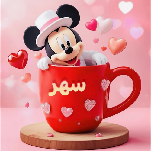 صورة كرتونية ثلاثية الأبعاد لميكي ماوس يخرج من كوب أحمر دافئ يحمل اسم سهر بخط جميل، محاط بقلوب حب وردية وحمراء زاهية. تصميم عالي الجودة لصور التهنئة، بطاقات المعايدة، أو كهدية رمزية معبرة عن الحب والسعادة.