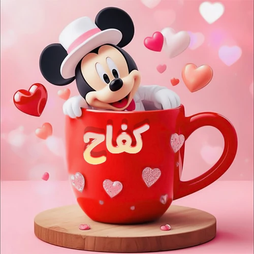 صورة كرتونية ثلاثية الأبعاد لميكي ماوس يخرج من كوب أحمر دافئ يحمل اسم كفاح بخط جميل، محاط بقلوب حب وردية وحمراء زاهية. تصميم عالي الجودة لصور التهنئة، بطاقات المعايدة، أو كهدية رمزية معبرة عن الحب والسعادة.